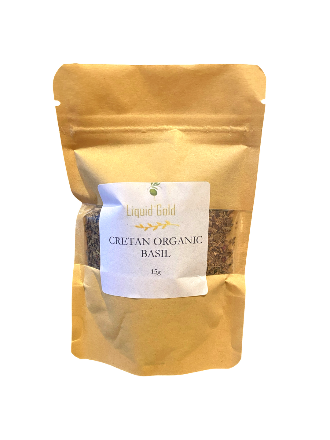 Yellow packaging of Cretan Organic Basil with a label on a white background