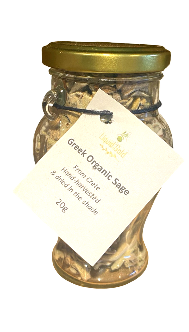 Jar of Greek Organic Sage from Crete with a label on a white background