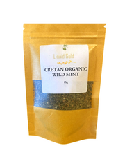 Packaged Cretan Organic Wild Mint with a 'Liquid Gold' label on a white background