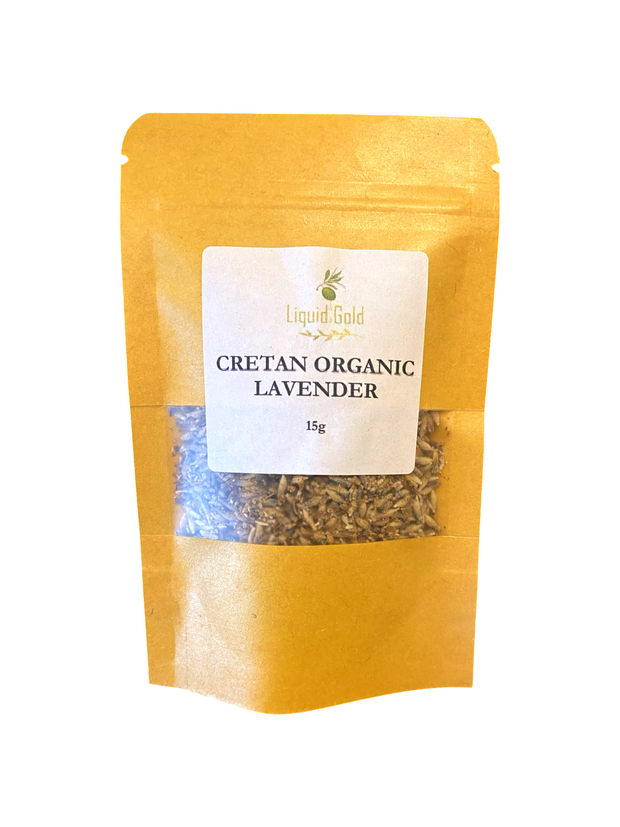 Packaged Cretan Organic Lavender with a yellow bag on a white background