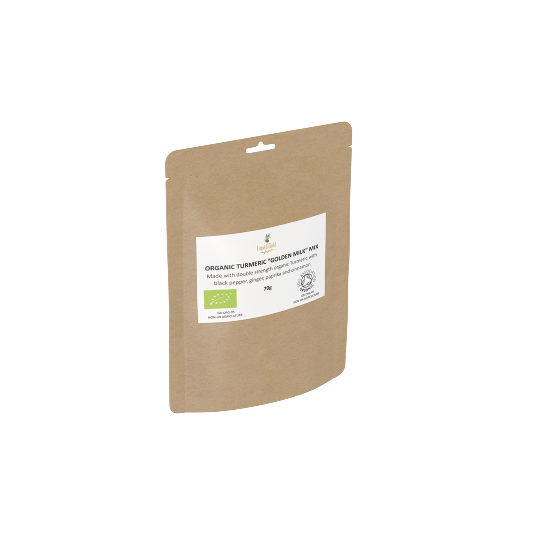 ORGANIC Turmeric golden milk latte mix with organic turmeric, black pepper, paprika, ginger, cinnamon and whey protein; no added sugar