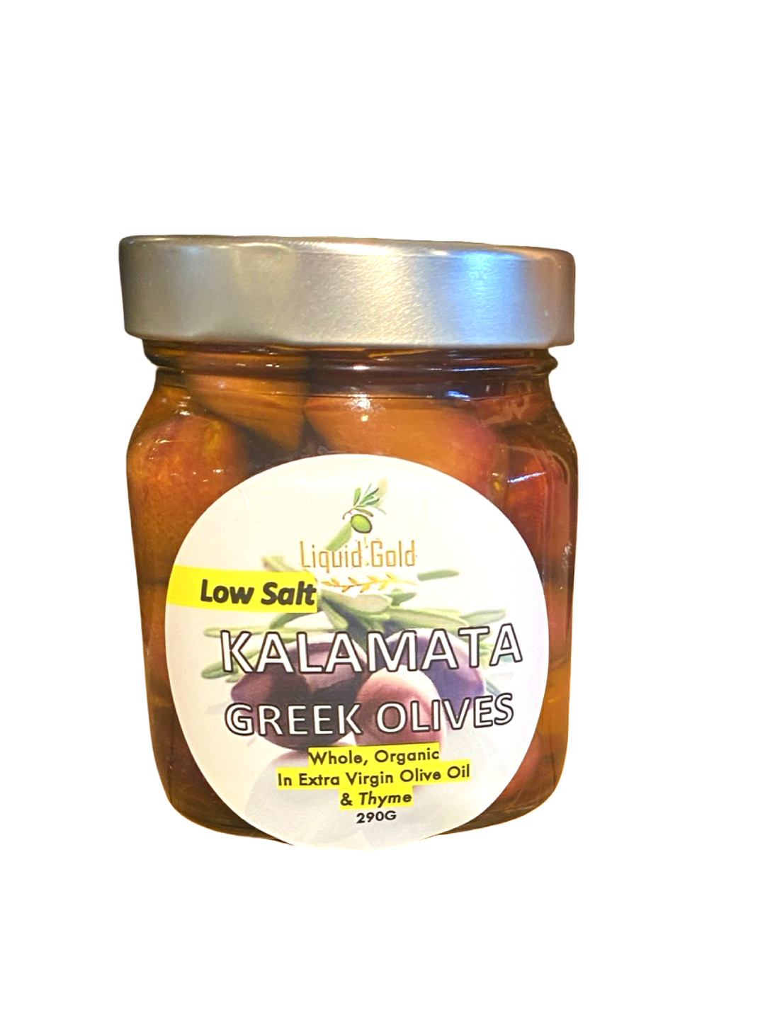 Jar of Kalamata Greek Olives with a low salt extra virgin olive oil and thyme dressing