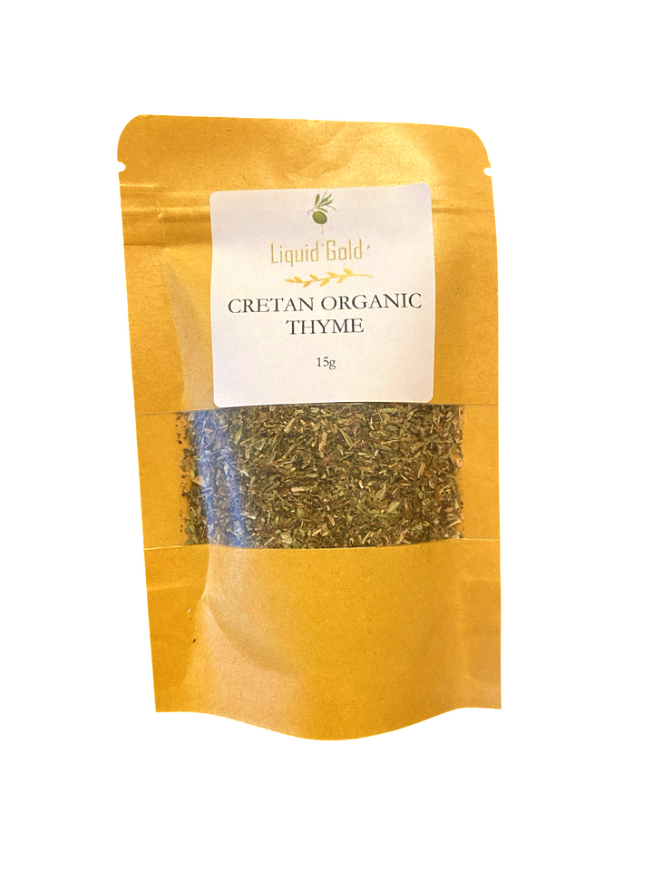Packaging of Cretan Organic Thyme with 'Liquid Gold' branding on a white background
