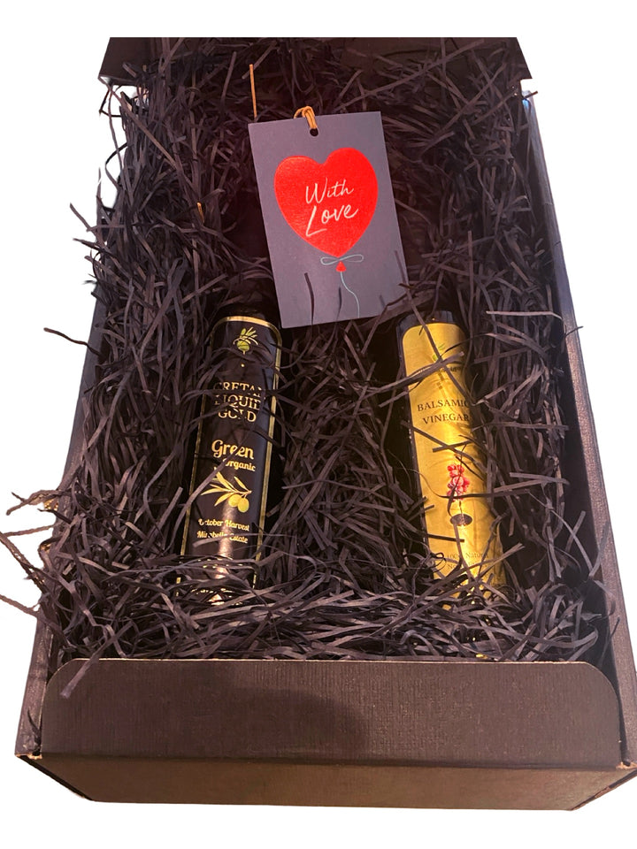 Gourmet Gift Hamper - Greek Extra Virgin Olive Oil and Balsamic Vinegar in a matt black gift hamper with shred