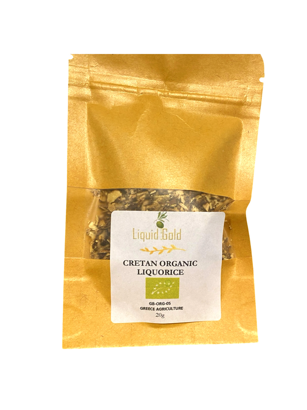 Gold packaging of Cretan Organic Liquorice with a white label on a white background