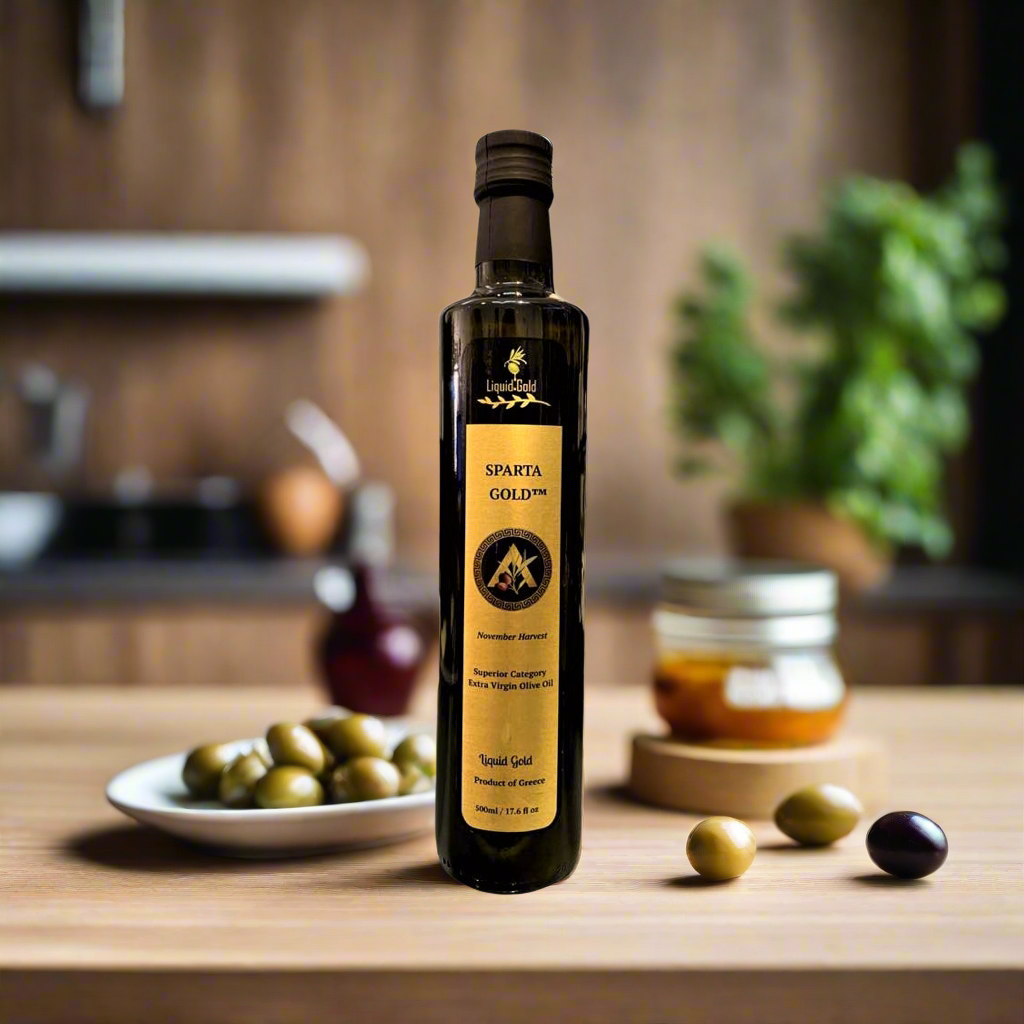 Sparta Gold | Greek Extra Virgin Olive Oil | late 2024 harvest | cold pressed, cold extracted | koroneiki olive | low acidity | polyphenols greater than 250mg/kg |versatile cooking oil