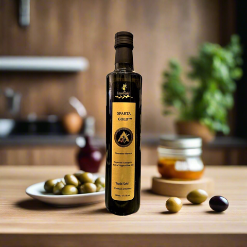 Sparta Gold | Greek Extra Virgin Olive Oil | November 2024 harvest | cold pressed, cold extracted | koroneiki olive | low acidity | polyphenols greater than 250mg/kg |versatile cooking oil