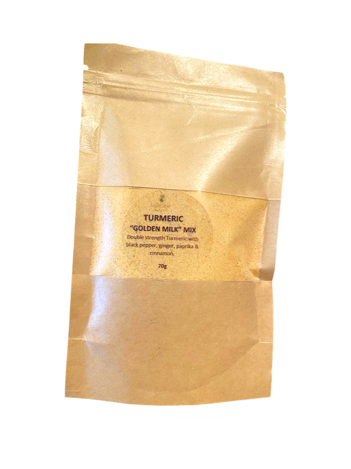 Turmeric golden milk powder with ginger, black pepper, paprika, cur cumin, grass fed milk powder