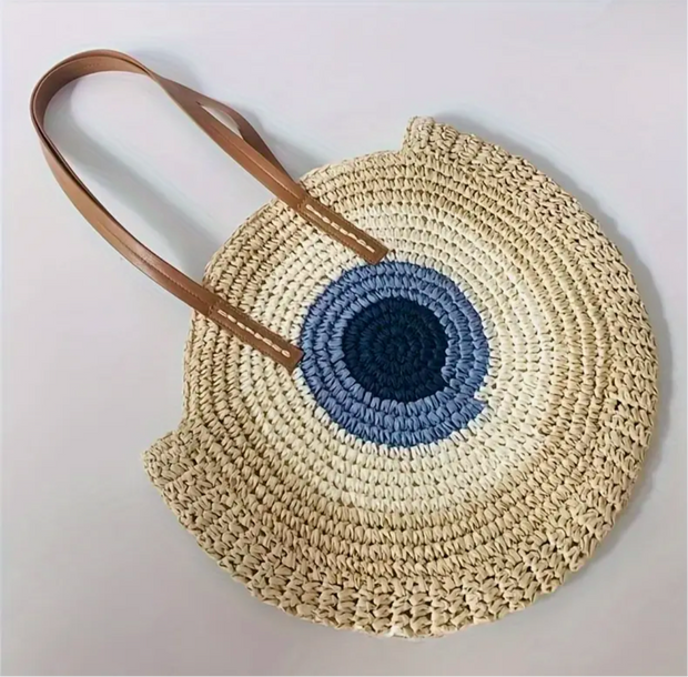 Greek  Evil Eye Rafia woven tote shoulder bag,  ivory and blue