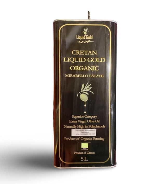 Cretan Liquid Gold Organic Greek extra virgin olive oil November 2023 harvest, high polyphenols, low acidity, private estate, LIOOC winner, 5 Litre can