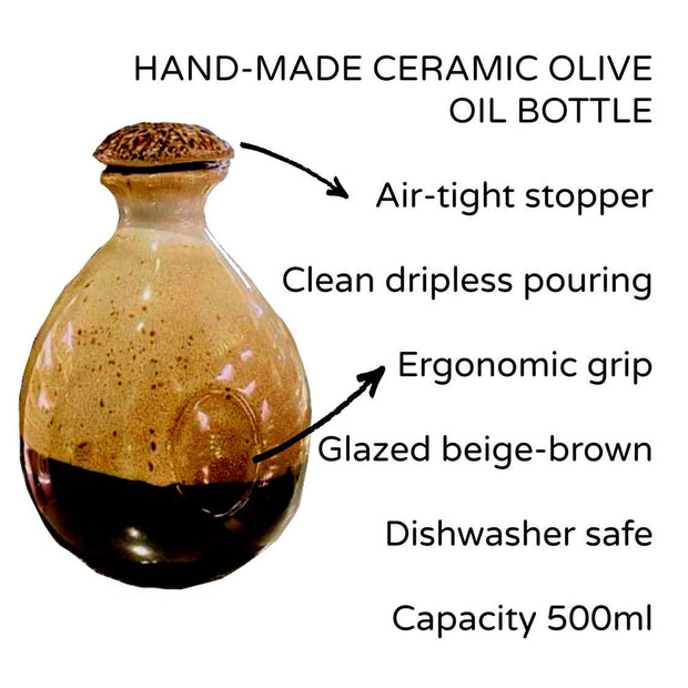 Hand made ceramic olive oil bottle with air tight stopper - 500ml in  glazed beige-brown, ergonomic grip