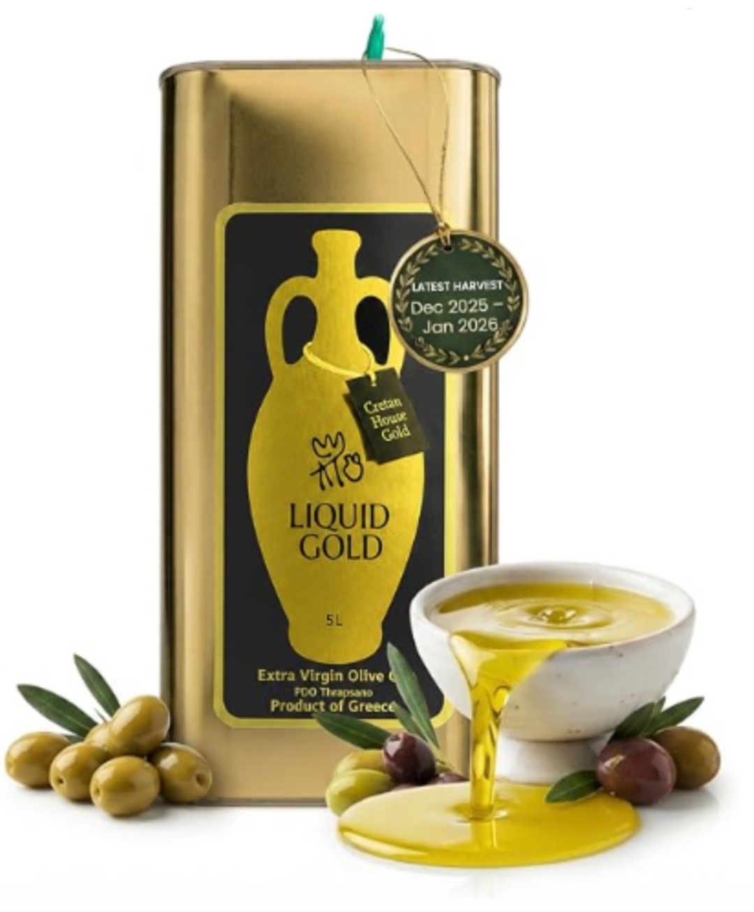 5 Litre tin of Liquid Gold's Cretan House Gold extra virgin olive oil,  PDO Thrapsano, product of Greece, 2025-2026 harvest