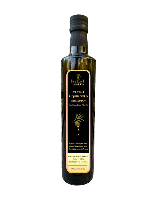 Cretan liquid good organic Greek extra virgin olive oil, november 2024 harvest, low acidity, high Polyphenols, cold pressed, 500ml bottle