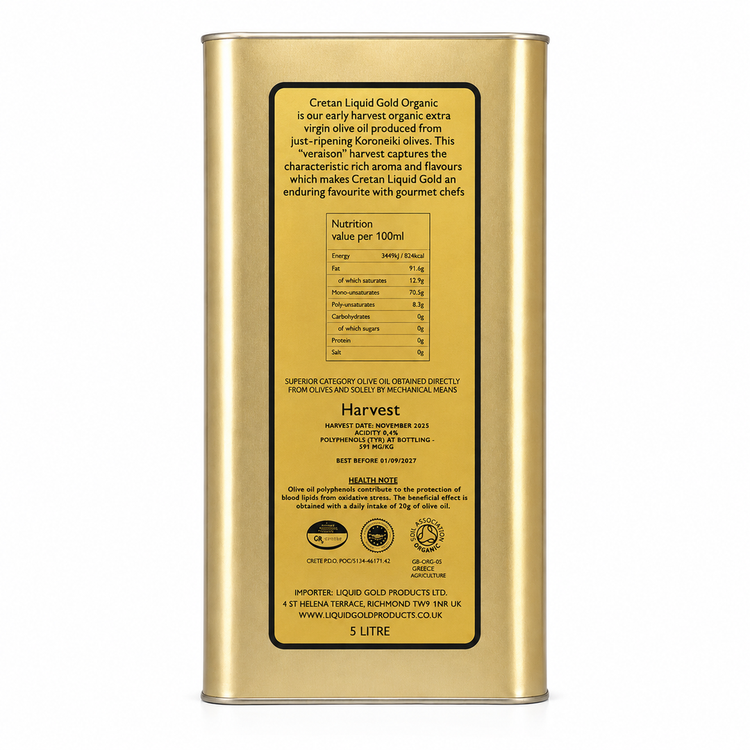 A 5 litre metal canister of Cretan Liquid Gold Organic extra virgin olive oil, showing the back label with nutritional information and production details.