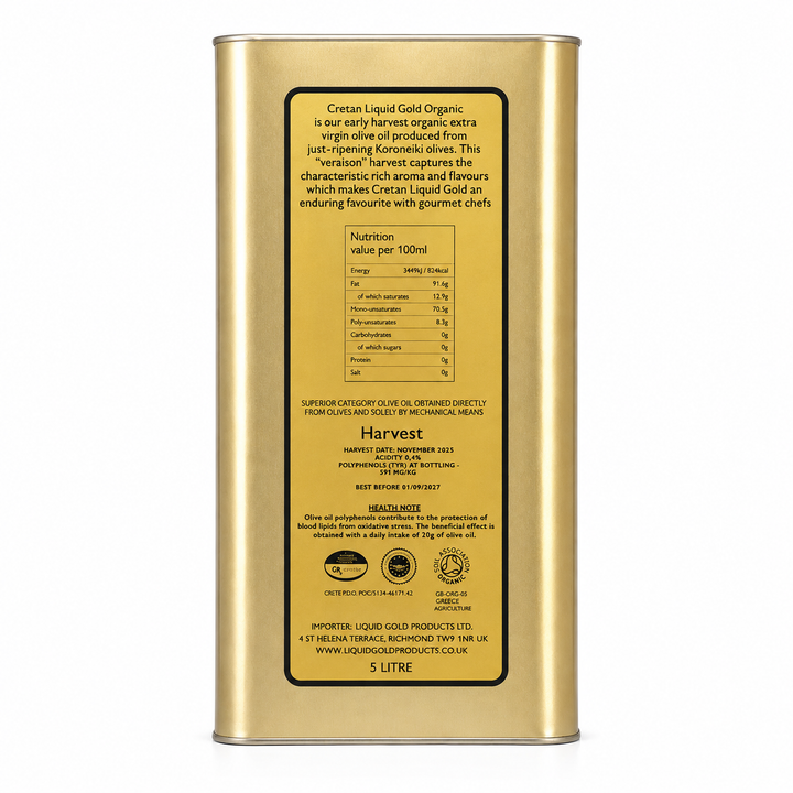 A 5 litre metal canister of Cretan Liquid Gold Organic extra virgin olive oil, showing the back label with nutritional information and production details.