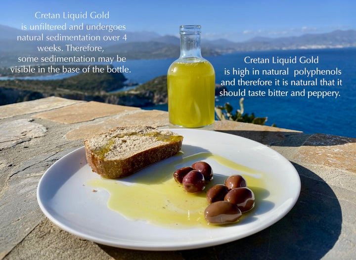 Cretan liquid gold organic just pressed, in bottle and poured on plate with olives and bread, information about polyphenol taste