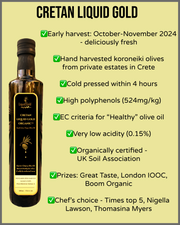 Bottle of Cretan Liquid Gold olive oil with production and certification details 