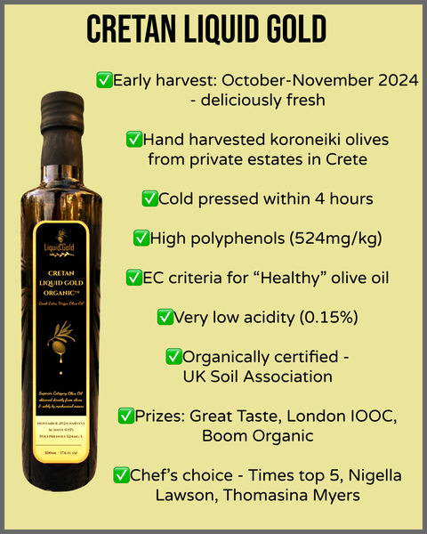 Bottle of Cretan Liquid Gold olive oil with production and certification details 