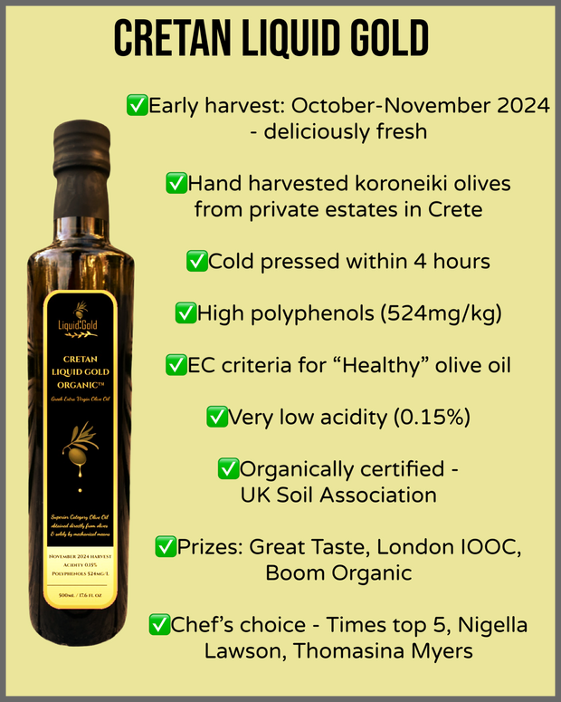 Bottle of Cretan Liquid Gold olive oil with production and certification details 