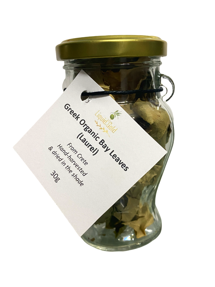 Cretan organic  bay leaves in glass amphora jar