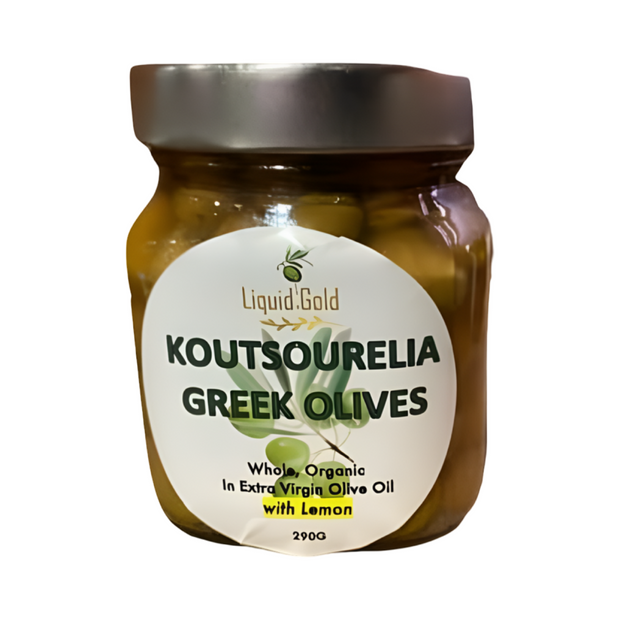 Jar of Koutsourelia Greek Olives with a white label on a white background