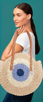 Greek  Evil Eye Rafia woven tote shoulder bag,  ivory and blue