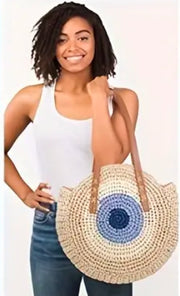 Greek  Evil Eye Rafia woven tote shoulder bag,  ivory and blue