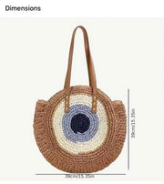 Greek  Evil Eye Rafia woven tote shoulder bag,  ivory and blue