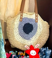 Greek  Evil Eye Rafia woven tote shoulder bag,  ivory and blue