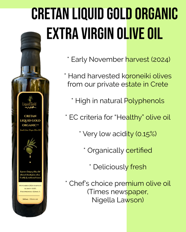 Cretan liquid good organic Greek extra virgin olive oil, november 2024 harvest, low acidity, high Polyphenols, cold pressed, healthy olive oil tyrosol polyphenol levels 524mg/kg