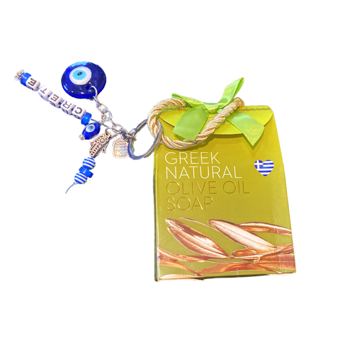 Pure olive oil soap and keyring gift sets Greek themed, evil eye, hand and heart