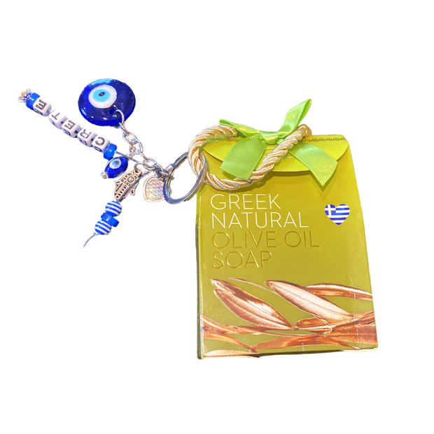 Pure olive oil soap and keyring gift sets Greek themed, evil eye, hand and heart