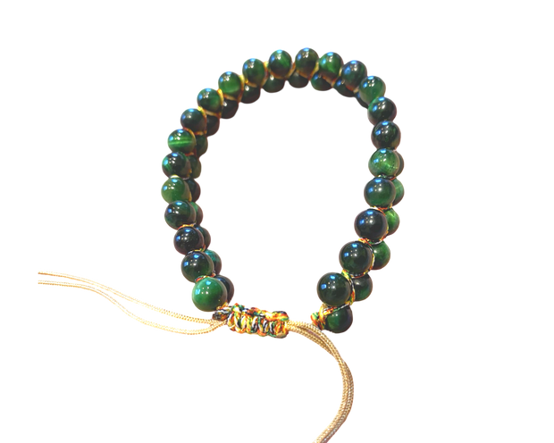 Green Tiger Eye bracelet, double stranded, adjustable, hand knotted, golden thread