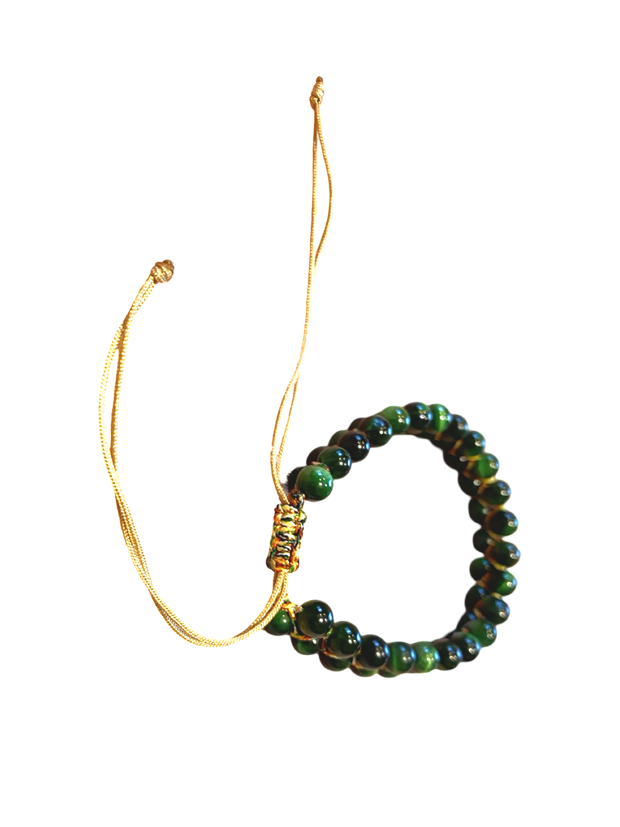 Green Tiger Eye bracelet, double stranded, adjustable, hand knotted, golden thread