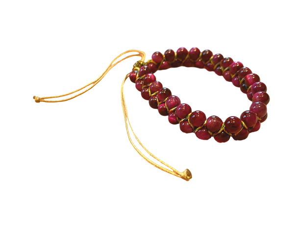 Red Tiger Eye bracelet, double stranded, adjustable, hand knotted, golden thread