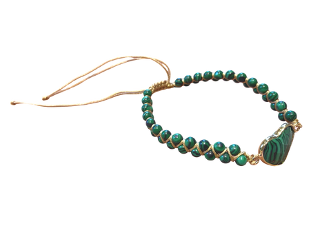 Green Malachite bracelet, double stranded, adjustable, hand knotted, golden thread