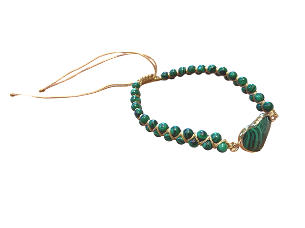 Green Malachite bracelet, double stranded, adjustable, hand knotted, golden thread