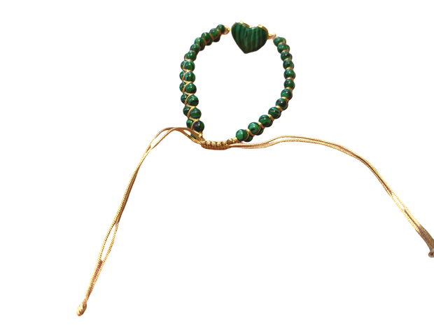 Green Malachite bracelet, double stranded, adjustable, hand knotted, golden thread