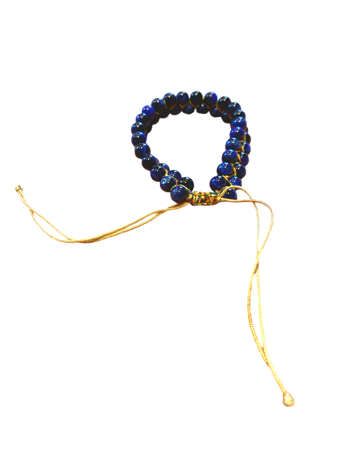 Blue Tiger Eye bracelet, double stranded, adjustable, hand knotted, golden thread