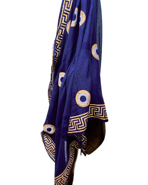 Fine Cotton Sarong, Dark Blue and Gold, Greek Key and Evil Eye, hand made in Greece - 100 x 180cm, drped