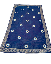 Fine Cotton Sarong, Dark Blue and Gold, Greek Key and Evil Eye, hand made in Greece - 100 x 180cm, full size