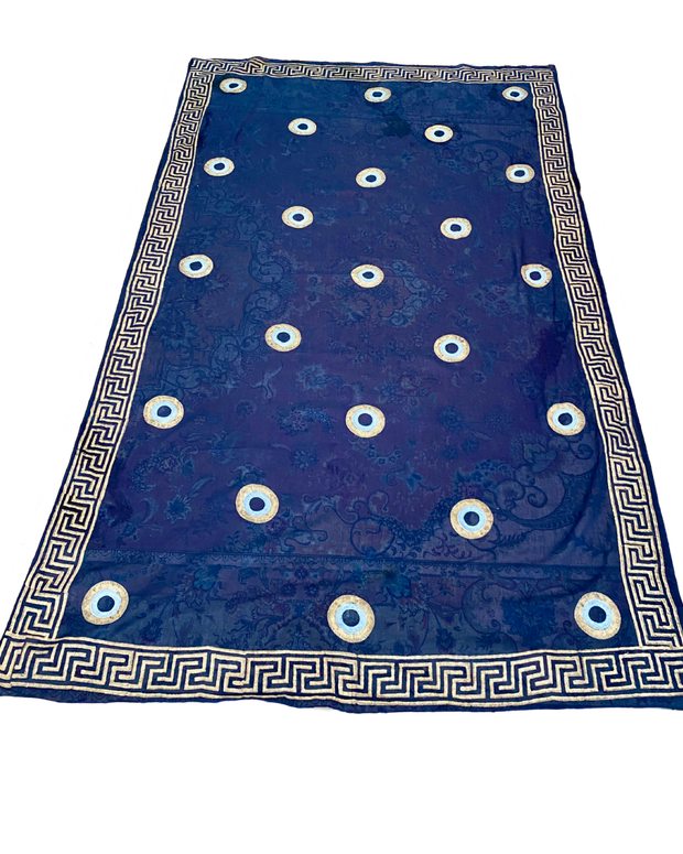 Fine Cotton Sarong, Dark Blue and Gold, Greek Key and Evil Eye, hand made in Greece - 100 x 180cm, full size