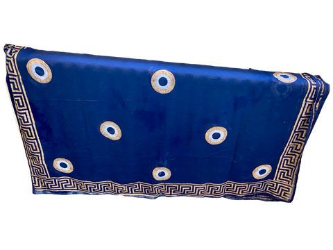 Fine Cotton Sarong, Dark Blue and Gold, Greek Key and Evil Eye, hand made in Greece - 100 x 180cm