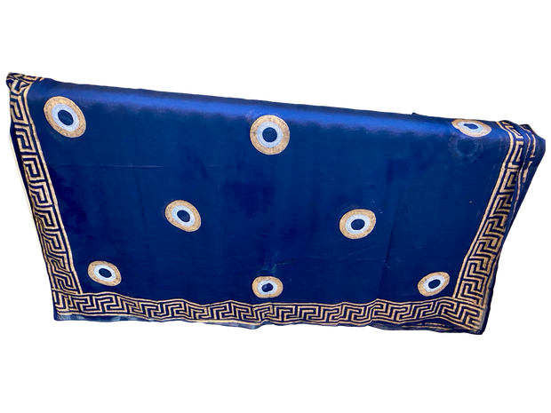 Fine Cotton Sarong, Dark Blue and Gold, Greek Key and Evil Eye, hand made in Greece - 100 x 180cm