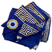 Fine Cotton Sarong, Dark Blue and Gold, Greek Key and Evil Eye, hand made in Greece - 100 x 180cm