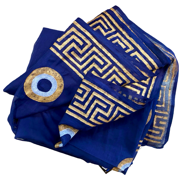 Fine Cotton Sarong, Dark Blue and Gold, Greek Key and Evil Eye, hand made in Greece - 100 x 180cm