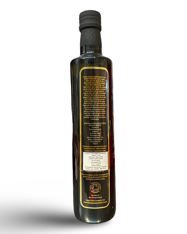 Cretan Liquid Gold organic  Greek extra virgin olive oil November 2024 harvest, polyphenols 524mg/kg, 500ml bottle, back label