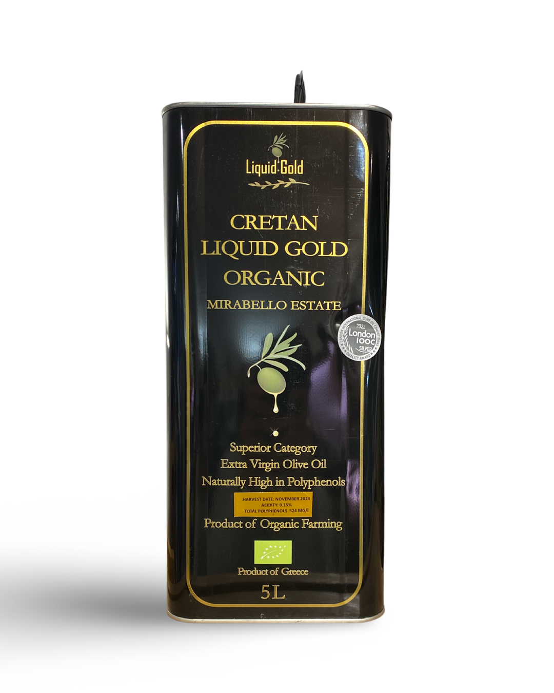 Cretan Liquid Gold organic  Greek extra virgin olive oil November 2024 harvest, polyphenols 524mg/kg, acidity 0.15%, 5 litre tin