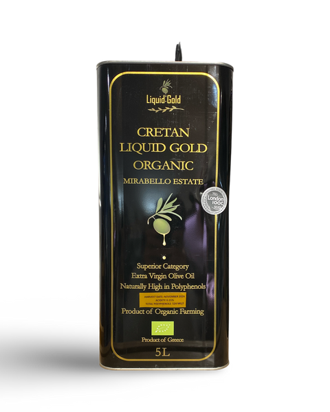 Cretan Liquid Gold organic  Greek extra virgin olive oil November 2024 harvest, polyphenols 524mg/kg, acidity 0.15%, 5 litre tin