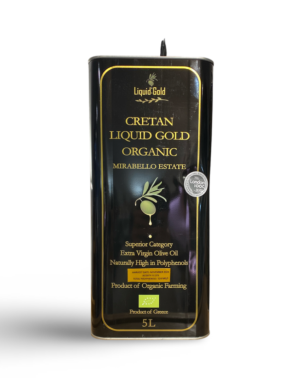 Cretan Liquid Gold organic  Greek extra virgin olive oil November 2024 harvest, polyphenols 524mg/kg, acidity 0.15%, 5 litre tin